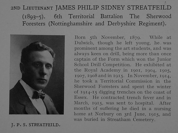 Streatfeild J P S 2nd Lt 6th Sherwood Foresters (Notts and Derby Regiment) Obit Dulwich College Roll Of Honour