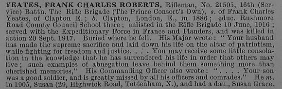 Yeates F C R Rfn 21505 16th Rifle Brigade Obit De Ruvignys Roll Of Honour Vol 4