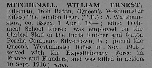 Mitchenall W E Rfn 4742 16th London Regiment (Queen's Westminster Rifles) Short Obit De Ruvignys Roll Of Honour Vol 4