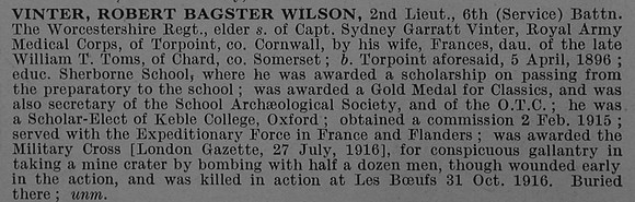 Vinter R B W 2nd Lt MC 6th Attd 2nd  Worcestershire Regiment Obit De Ruvignys Roll Of Honour Vol 4