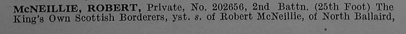 McNeillie R Pte 202656 2nd Kings Own Scottish Borderers Obit Part 1 De Ruvignys Roll Of Honour Vol 4
