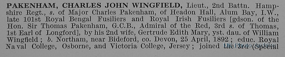 Pakenham C J W Lt 2nd Hampshire Regiment Obit Part 1 De Ruvignys Roll Of Honour Vol 1