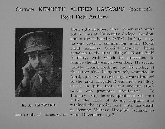 Hayward K A Captain Royal Field Artillery Obit Dulwich College Roll Of Honour