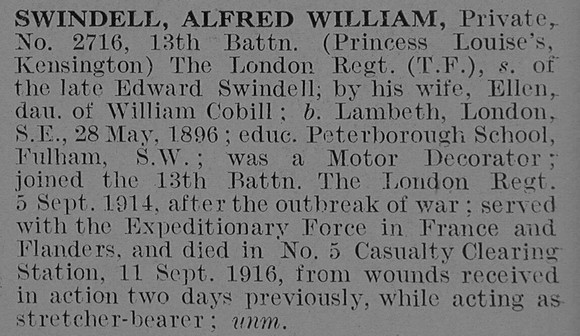 Swindell A W Pte 13th London Regiment Obit De Ruvignys Roll Of Honour Vol 3