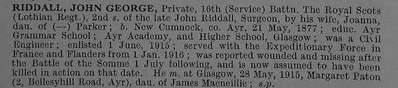 Riddall J G Pte 25267 16th Royal Scots Obit De Ruvignys Roll Of Honour Vol 4