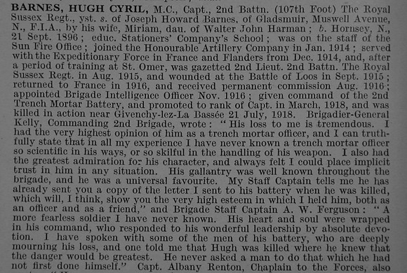 Barnes H C Captain MC 2nd Royal Sussex Regiment Obit De Ruvignys Roll Of Honour Vol 4