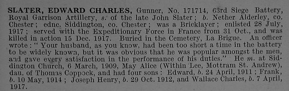 Slater E C Gnr 171714 Royal Garrison Artillery Obit De Ruvignys Roll Of Honour Vol 4