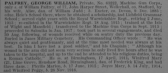 Palfrey G W Pte 63222 Machine Gun Corps Obit De Ruvignys Roll Of Honour Vol 4