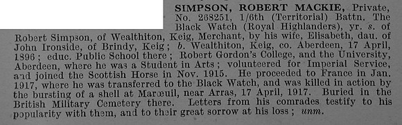 Simpson R M Pte 268251 6th Black Watch Obit De Ruvignys Roll Of Honour Vol 4