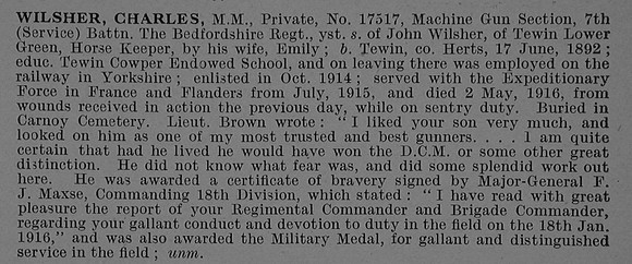 Wilsher C Pte MM 17517 7th Bedfordshire Regiment Obit De Ruvignys Roll Of Honour Vol 4