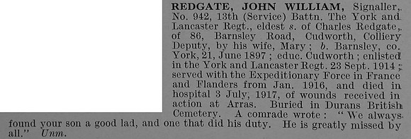 Redgate J W Sig 942 13th York & Lancaster Regiment Obit De Ruvignys Roll Of Honour Vol 4