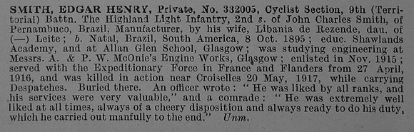 Smith E H Pte 332005 9th Highland Light Infantry Obit De Ruvignys Roll Of Honour Vol 4