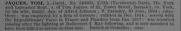 Jaques T L/Cpl 240903 5th York & Lancaster Regiment Obit De Ruvignys Roll Of Honour Vol 4