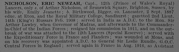 Nicholson E N Captain 12th Lancers Obit Part 1 De Ruvignys Roll Of Honour Vol 4