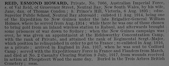 Reid E H Pte 7066 13th Australian Infantry, A.I.F. Obit De Ruvignys Roll Of Honour Vol 4