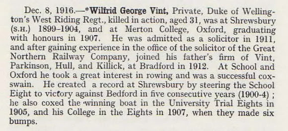 Vint W G Pte 19739 8th Duke of Wellington's (West Riding Regiment) Obituary Shrewsbury School Roll Of Service 1914-1918 1921