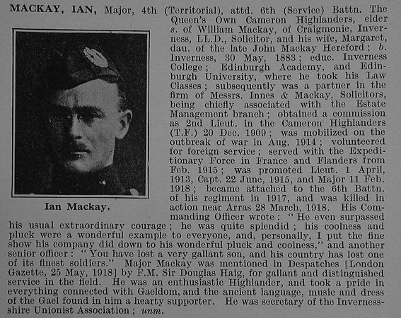 MacKay I Major 4th Attd 6th Cameron Highlanders Obit De Ruvignys Roll Of Honour Vol 4