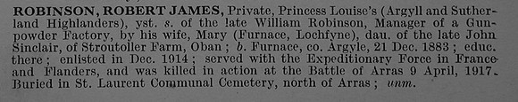 Robinson R J Pte S-6947 10th Argyll and Sutherland Highlanders Obit De Ruvignys Roll Of Honour Vol 4