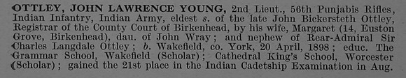 Ottley J L Y 2nd Lt Indian Army Obit Part 1 De Ruvignys Roll Of Honour Vol 4