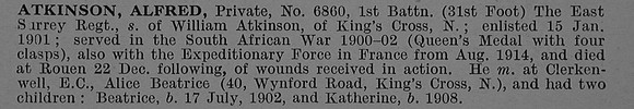 Atkinson A Pte 6860 1st East Surrey Regiment Obit De Ruvignys Roll Of Honour Vol 4