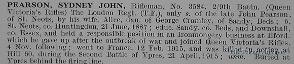 Pearson S J Rfn 3584 9th London Regiment Obit De Ruvignys Roll Of Honour Vol 1