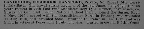Langridge F H Pte 240997 5th Royal Sussex Regiment Obit Part 1 De Ruvignys Roll Of Honour Vol 4