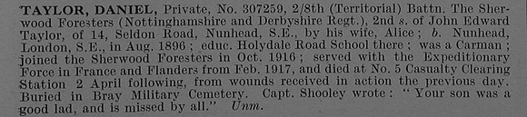 Taylor D Pte 307259 8th Notts & Derby Regiment Obit De Ruvignys Roll Of Honour Vol 4