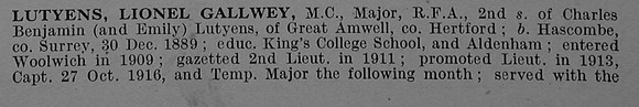 Lutyens L G Major MC Royal Field Artillery Obit Part 1 De Ruvignys Roll Of Honour Vol 4