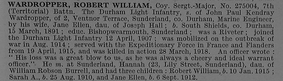 Wardropper R W Coy Sergt Major 275004 7th Durham Light Infantry Obit De Ruvignys Roll Of Honour Vol 4