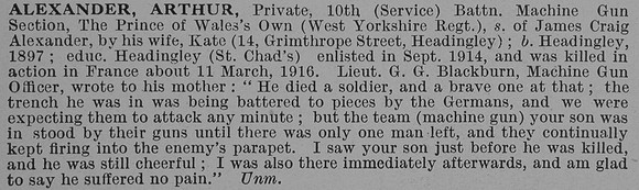 Alexander A Pte 10th West Yorkshire Regiment Obit De Ruvignys Roll Of Honour Vol 4