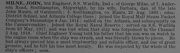 Milne J Third Engineer S.S. Warilda (Port Adelaide) Mercantile Marine Obit De Ruvignys Roll Of Honour Vol 4