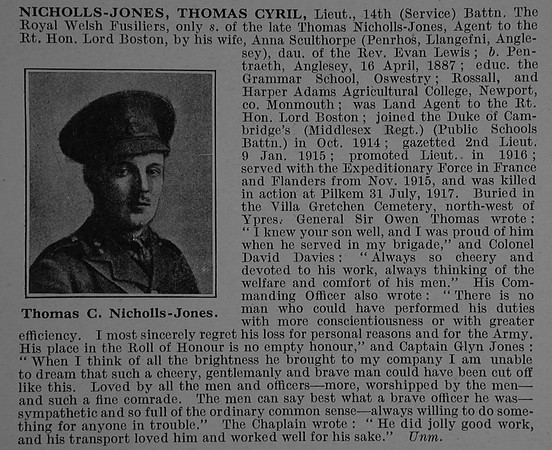 Nicholls-Jones T C Lt 14th Royal Welsh Fusiliers Obit De Ruvignys Roll Of Honour Vol 4