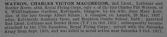 Watson C V M 2nd Lt Lothians & Border Horse Attd Royal Flying Corps Obit Part 1 De Ruvignys Roll Of Honour Vol 4