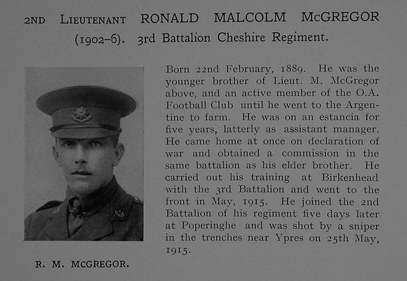 McGregor R M 2nd Lt 2nd Cheshire Regiment Obit Dulwich College Roll Of Honour