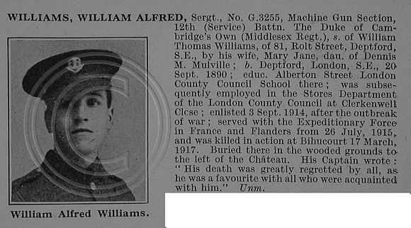 Williams W A Sergt G/3255 12th Middlesex Regiment Obit De Ruvignys Roll Of Honour Vol 4