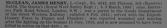 McClean J H L/Cpl 4642 3rd Queens Royal West Surrey Regiment Obit De Ruvignys Roll Of Honour Vol 4