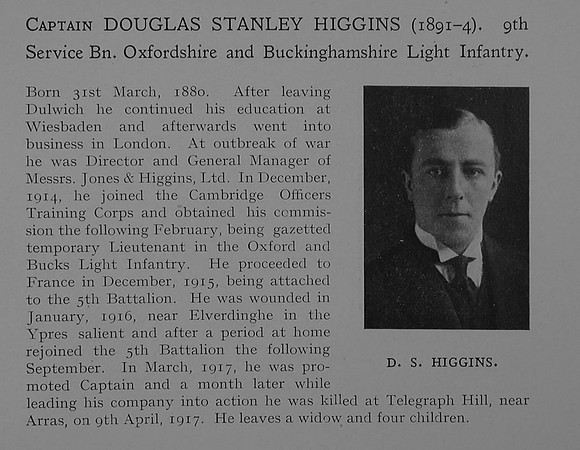 Higgins D S Captain 9th Oxford & Bucks Light Infantry Obit Dulwich College Roll Of Honour