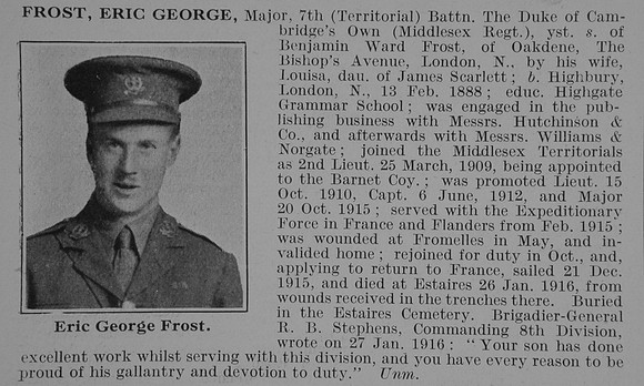 Frost E G Major 7th Middlesex Regiment Obit De Ruvignys Roll Of Honour Vol 3