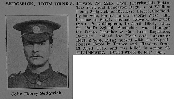 Sedgwick J H Pte 2215 5th York & Lancs Regiment Obit De Ruvignys Roll Of Honour Vol 3