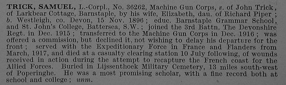 Trick S L/Cpl 36262 Machine Gun Corps Obit De Ruvignys Roll Of Honour Vol 4
