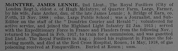 McIntyre J L 2nd Lt 10th Royal Fusiliers Obit De Ruvignys Roll Of Honour Vol 4