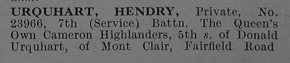 Urquhart H Pte 23966 7th Cameron Highlanders Obit Part 1 De Ruvignys Roll Of Honour Vol 4