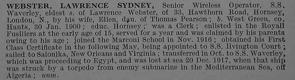 Webster L S Senior Wireless Operator SS Waverley Mercantile Marine Obit De Ruvignys Roll Of Honour Vol 4