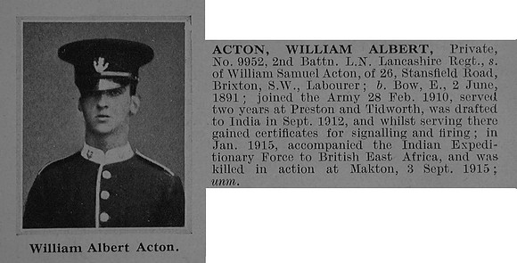 Acton W A Pte 9952 2nd Loyal North Lancs Regiment Obit De Ruvignys Roll Of Honour Vol 1