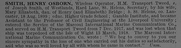 Smith H O Wireless Operator S.S. Tweed (Glasgow) Mercantile Marine Obit De Ruvignys Roll Of Honour Vol 4