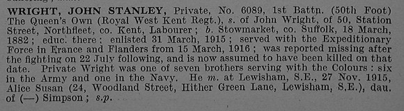 Wright J S Pte 6089 1st Queen's Own Royal West Kent Regiment Obit De Ruvignys Roll Of Honour Vol 4