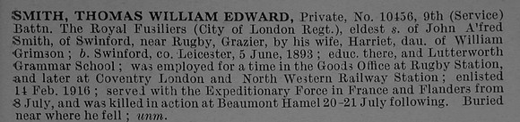 Smith T W E Pte 10456 9th Royal Fusiliers Obit De Ruvignys Roll Of Honour Vol 4