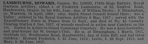Lambourne H Gnr 159093 Royal Garrison Artillery Obit De Ruvignys Roll Of Honour Vol 4