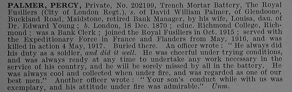 Palmer P Pte 202199 1st London Regiment (Royal Fusiliers) Obit De Ruvignys Roll Of Honour Vol 4