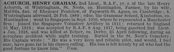 Achurch H G 2nd Lt Royal Flying Corps Obit De Ruvignys Roll Of Honour Vol 4